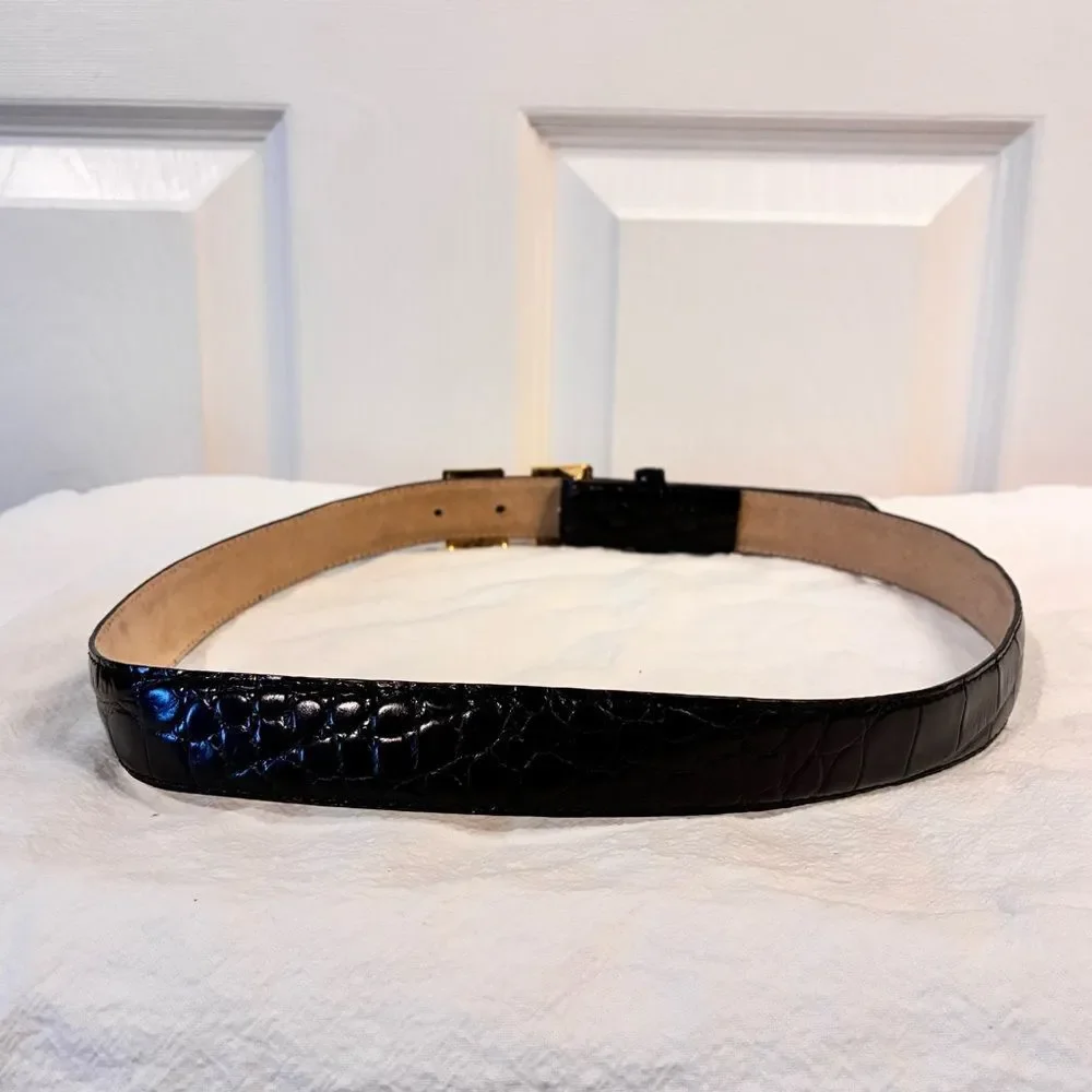 Black Leather Croc-Embossed Belt Gold Buckle Size S/M